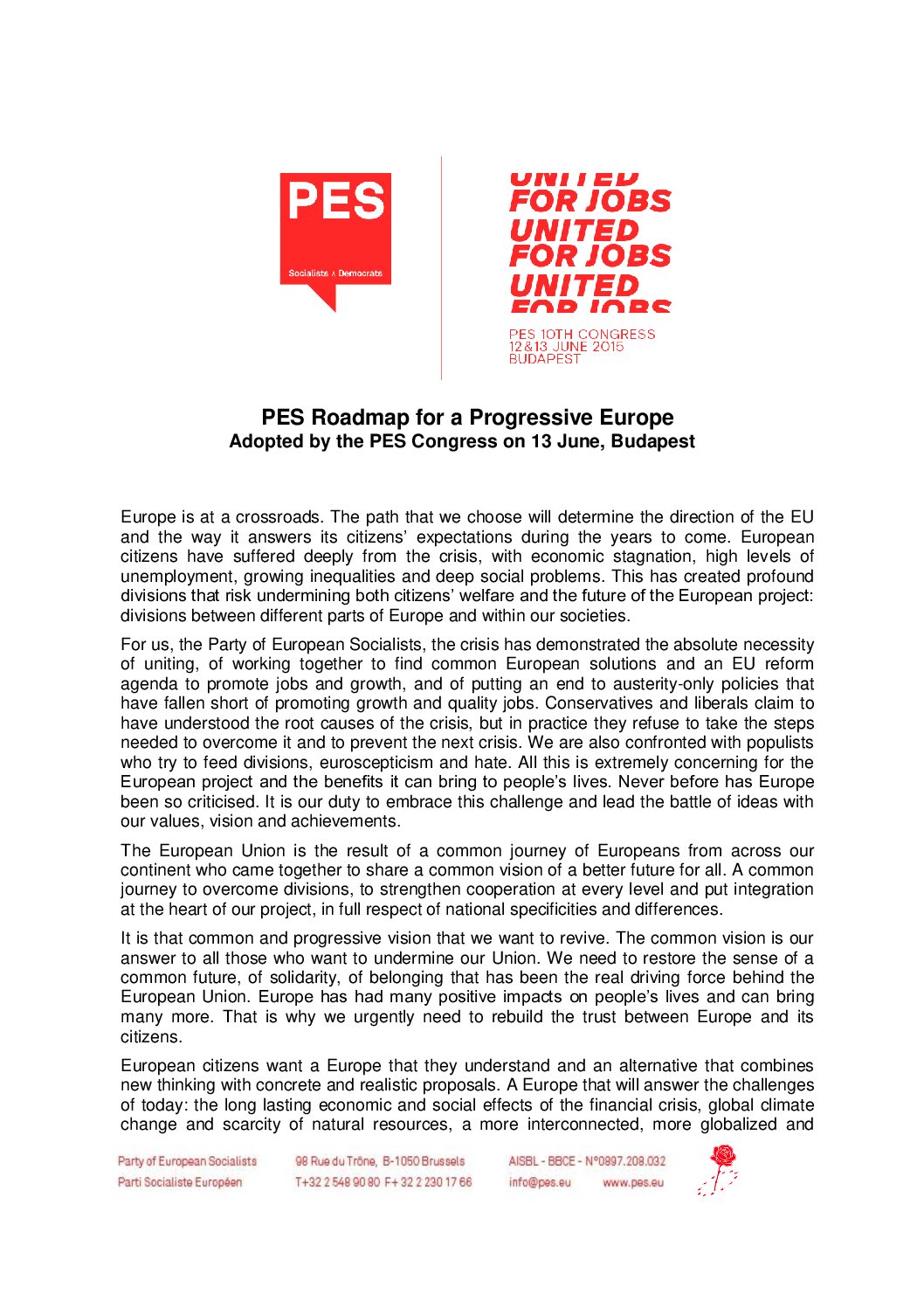 PES Roadmap for a Progressive Europe