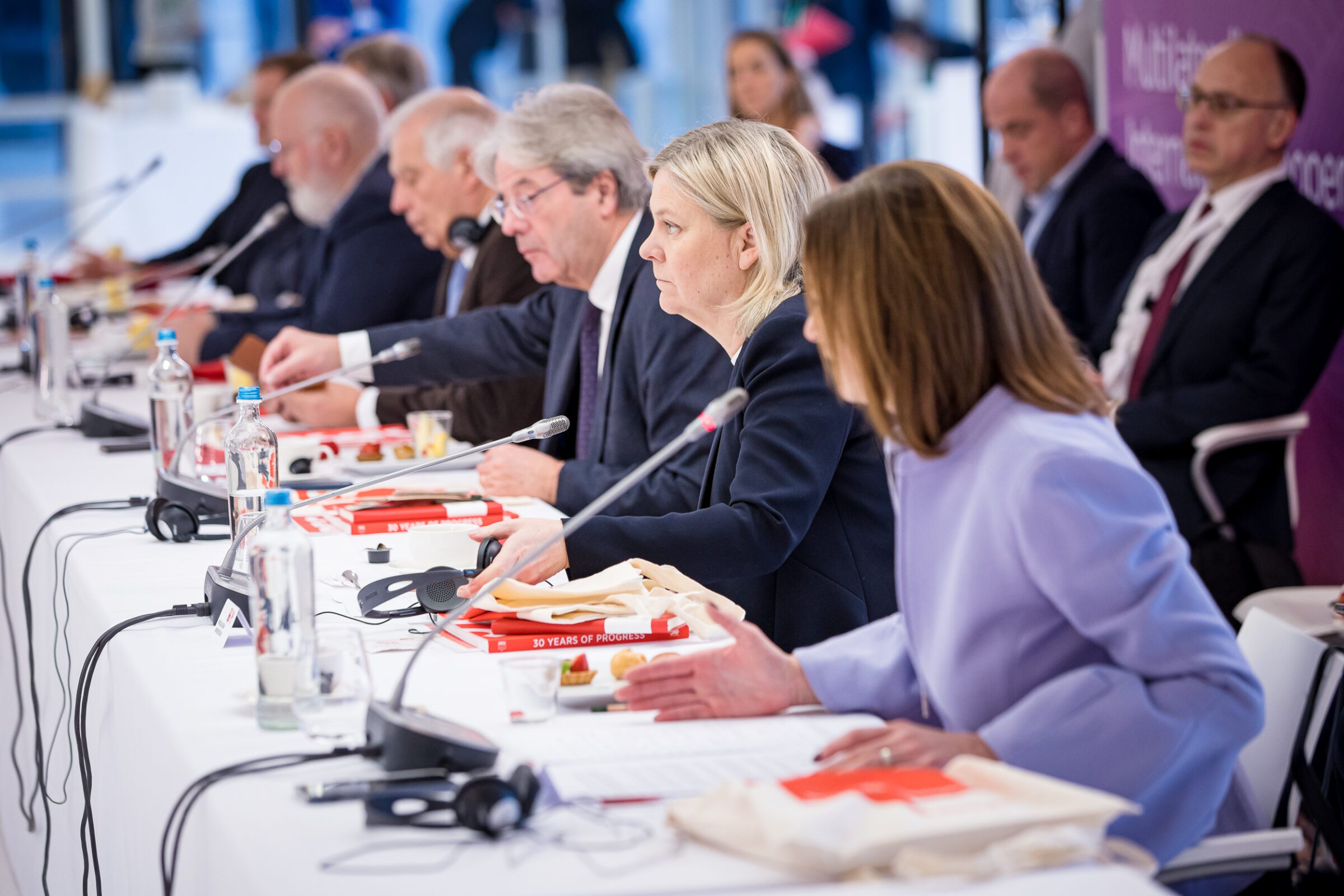European Commission Executive Vice-President Frans Timmermans, EU High Representative Josep Borrell, European Commissioner Paolo Gentiloni, SAP Sweden leader Magdalena Andersson, and Slovenian Deputy Prime Minister and Minister for Foreign Affairs Tanja Fajon.