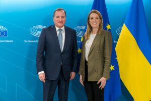 PES President Stefan Löfven (L) and European Parliament President Roberta Metsola at the European Parliament in Brussels, Belgium