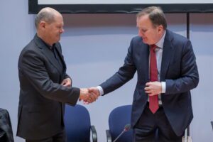 German Federal Chancellor Olaf Scholz (left) and PES President Stefan Löfven at the Willy-Brandt-Haus, Berlin