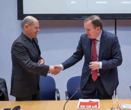 German Federal Chancellor Olaf Scholz (left) and PES President Stefan Löfven at the Willy-Brandt-Haus, Berlin