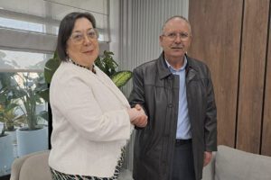 European Trade Union Confederation head Esther Lynch (left) meeting Secretary General of the Tunisian UGTT Noureddine Tabboubi in Tunis on February 18, 2023. Photo: AFP PHOTO / HO / UGTT