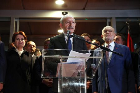 Kemal Kılıçdaroğlu leader of CHP - flanked by İYİ Parti leader Meral Akşener (left) and Saadet Partisi leader Temel Karamollaoğlu (right) - speaking after he was confirmed as the Turkish opposition's joint candidate to run against President Recep Tayyip Erdogan in Turkey's Presidential elections in May. Ankara, Turkey, 6 March 2023. Alp EREN KAYA / Republican People's Party (CHP) Press Service / AFP