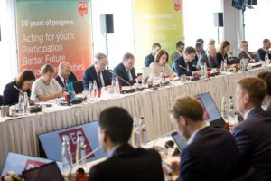 Pictured from left: PES Vice President Kati Piri, PES Treasurer Caroline Gennez, PES Executive Secretary General Giacomo Filibeck, PES Secretary General Achim Post, PES President Stefan Löfven, PES Executive Vice President Katarina Barley, PES Vice President Victor Negrescu, PES Deputy Secretary General Yonnec Polet.