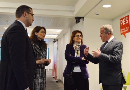 Pictured from right: Slovenian State Secretary for Justice Igor Šoltes, Portuguese Minister for Justice Catarina Sarmento e Castro¸ Spanish Minister for Justice Pilar Llop, and Maltese Minister for Justice Jonathan Attard at the PES offices in Brussels, Belgium.