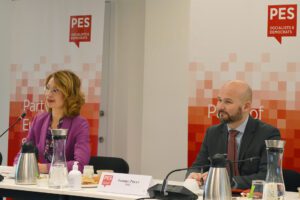 Meeting chair and Finland’s Minister for European Affairs and Ownership Steering Tytti Tuppurainen (left) and PES Deputy Secretary General Yonnec Polet