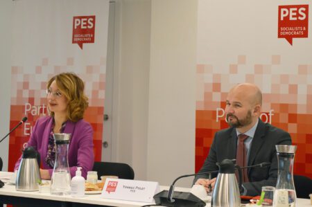 Meeting chair and Finland’s Minister for European Affairs and Ownership Steering Tytti Tuppurainen (left) and PES Deputy Secretary General Yonnec Polet