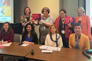 Back row, pictured left to right: FEPS Policy Analyst Laeticia Thissen, PES Women President Zita Gurmai, PES Women Vice President Elke Ferner, and Vice-President of the European Parliament Evelyn Regner. Front row, picture left to right: Member of the Cabinet of European Commissioner Helena Dalli, Lesia Radelicki, Co-founder of Digital Ladies & Allies, France, Louisa Renoux, SPI CGIL Head of International Department Silvana Cappuccio, and Wipro Global Chief Privacy Officer and Co-founder of Women Leading in AI, Ivana Bartoletti.