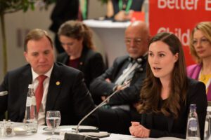 File photo: Prime Minister of Finland Sanna Marin and PES President Stefan Löfven at a PES European Council Preparation Meeting