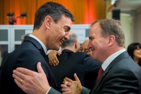 File photo: Prime Minister of Spain Pedro Sánchez (left) and PES President Stefan Löfven at a PES European Council Preparation Meeting in Brussels, Belgium
