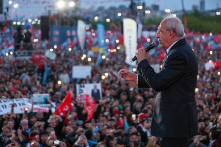 Kemal Kılıçdaroğlu, joint presidential candidate for six opposition parties, speaks to a large crowd of supporters ahead of Sunday’s elections