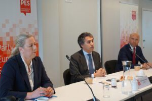 Pictured from left: European Commissioner for International Partnership Jutta Urpilainen, meeting Chair and Portugal’s Secretary of State for Foreign Affairs and Cooperation Francisco André and PES Executive Secretary General Giacomo Filibeck.