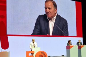 Pictured on screen: President Löfven addresses the ETUC Congress in Berlin, 24 May 2023