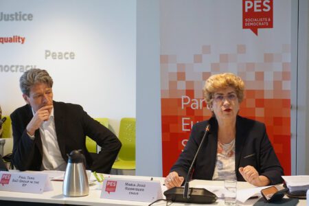 PES Financial and Economy Network Chair and President of FEPS Maria João Rodrigues (right) and MEP Paul Tang at the PES FEN today.