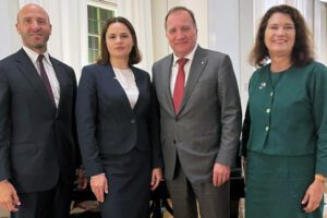 Pictured from left: PES Executive Secretary General Giacomo Filibeck, leader of the democratic opposition of Belarus Sviatlana Tsikhanouskaya, PES President Stefan Löfven, and former Foreign Minister of Sweden Ann Linde.