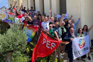 Pictured front row from left: Marc Angel MEP, Cyrus Engerer MEP, Malta's Parliamentary Secretary for Reforms and Equality Rebecca Buttigieg MP, and Rainbow Rose President Dajana Bakić, pictured with members of Rainbow Rose at EuroPride 2024