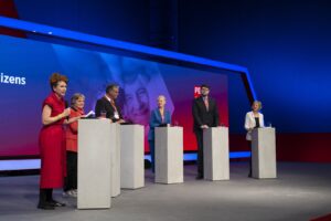 The leader of Socijaldemokratska Partija Hrvatske (SDP), Pedja Grbin (second from right) speaks at the PES Congress in Berlin in October 2022, hours after the PES adopted a resolution in support of Schengen access for Croatia, Bulgaria and Romania.