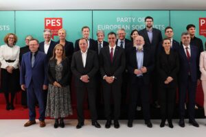 Front row from left: PES Vice President Andrzej Szejna, S&D Group President Iratxe García, PES President Stefan Löfven, Prime Minister of Spain Pedro Sánchez, Lead candidate of PvdA-GroenLinks Netherlands, Frans Timmermans, Prime Minister of Denmark Mette Frederiksen, Prime Minister of Romania Marcel Ciolacu, and PES Vice-President and Deputy Prime Minister and Minister of Foreign Affairs of Slovenia Tanja Fajon. Second row from left: PES Deputy Secretary General Yonnec Polet, PES Vice-President Radmila Šekerinska, PES Treasurer and Minister of Development Cooperation and Urban Policy of Belgium Caroline Gennez, PES Secretary General Achim Post, PvdA Netherlands leader Attje Kuiken, PS Belgium leader Paul Magnette, European Commissioner Paolo Gentiloni, European Commissioner Nicolas Schmit, PD Italy leader Elly Schlein, SDP Croatia leader Pedja Grbin, PES Vice-President and MEP Victor Negrescu, Vooruit Belgium leader Conner Rousseau and PES Executive Secretary General Giacomo Filibeck.