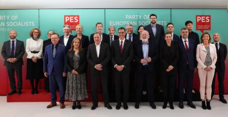 Front row from left: PES Vice President Andrzej Szejna, S&D Group President Iratxe García, PES President Stefan Löfven, Prime Minister of Spain Pedro Sánchez, Lead candidate of PvdA-GroenLinks Netherlands, Frans Timmermans, Prime Minister of Denmark Mette Frederiksen, Prime Minister of Romania Marcel Ciolacu, and PES Vice-President and Deputy Prime Minister and Minister of Foreign Affairs of Slovenia Tanja Fajon. Second row from left: PES Deputy Secretary General Yonnec Polet, PES Vice-President Radmila Šekerinska, PES Treasurer and Minister of Development Cooperation and Urban Policy of Belgium Caroline Gennez, PES Secretary General Achim Post, PvdA Netherlands leader Attje Kuiken, PS Belgium leader Paul Magnette, European Commissioner Paolo Gentiloni, European Commissioner Nicolas Schmit, PD Italy leader Elly Schlein, SDP Croatia leader Pedja Grbin, PES Vice-President and MEP Victor Negrescu, Vooruit Belgium leader Conner Rousseau and PES Executive Secretary General Giacomo Filibeck.