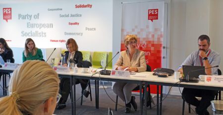 Meeting Chair and President of FEPS, Maria João Rodrigues (centre), and to her right Margarida Marques MEP, at the PES Financial and Economic Network