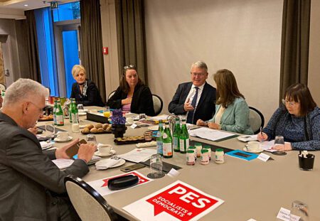 Pictured near side: German State Secretary Rolf Schmachtenberg, far side from right: ETUC General Secretary Esther Lynch, meeting Chair Portuguese Minister Ana Mendes Godinho, European Commissioner Nicolas Schmit, and MEP Agnes Jongerius