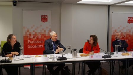 Pictured from left: Agnes Jongerius, EMPL Coordinator, Member of the European Parliament, S&D, Nicolas Schmit, European Commissioner for Jobs and Social Rights, Ana Mendes Godinho, meeting Chair and Minister of Labour, Solidarity and Social Security, Portugal, and Yonnec Polet, Deputy Secretary General, PES.