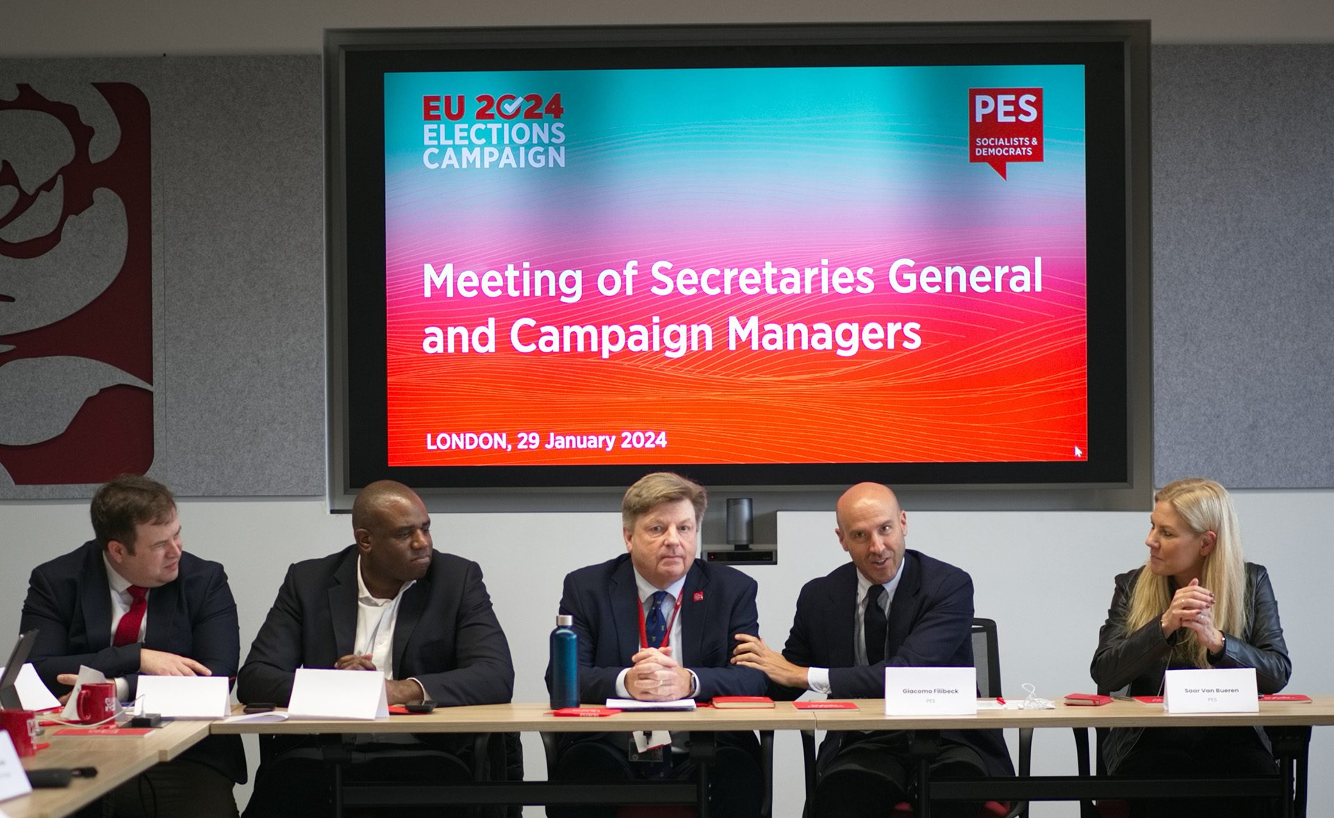 Pictured from left: UK Shadow Minister for Europe, North America and the Overseas Territories Stephen Doughty, UK Shadow Secretary of State for Foreign, Commonwealth and Development Affairs David Lammy, UK Labour General Secretary David Evans, PES Secretary General Giacomo Filibeck and PES Deputy Secretary General Saar van Bueren