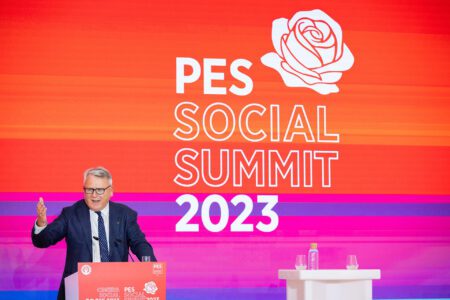 File photo: Nicolas Schmit addresses the PES Social Summit in Porto, Portugal, 26 May 2023