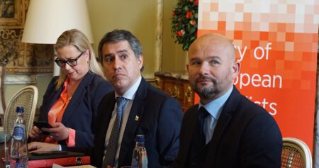 Pictured from left: European Commissioner Jutta Urpilainen, meeting Chair, PES Executive Vice-President and Portuguese Secretary of State for Foreign Affairs and Cooperation, Francisco André, and PES Deputy Secretary General Yonnec Polet