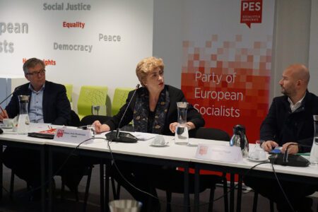 Pictured from right: PES Deputy Secretary General Yonnec Polet, PES FEN Chair and President of FEPS Maria João Rodrigues, and SPD Germany MEP Joachim Schuster