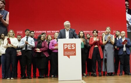 PES Common Candidate Nicolas Schmit speaks on stage at the PES Election Congress in Rome, Italy