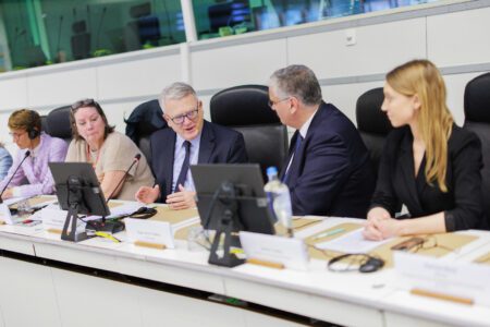 Pictured from right: S&D MEP Aurore Lalucq, President of the European Committee of the Regions Vasco Cordeiro, European Commissioner for Jobs and Social Rights and PES Common Candidate Nicolas Schmit, and S&D EMPL Coordinator Agnes Jongerius at the European Committee of the Regions today.