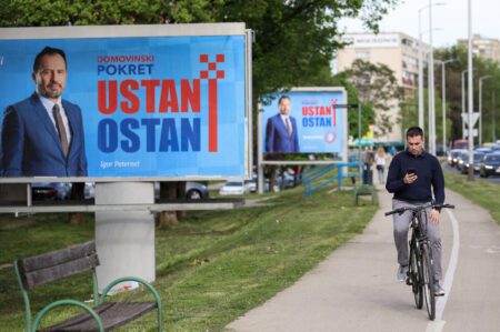 Election poster of Igor Peternel from the far-right “Homeland Movement” party, reading “Get up, stay”, in the centre of Zagreb, Croatia, on April 8, 2024. Photo: DAMIR SENCAR / AFP