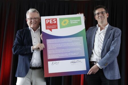 PES Common Candidate Nicolas Schmit and European Greens Spitzenkandidat Bas Eickhout after signing a joint statement pledging to never cooperate or form a coalition with the far-right at a PES event in Rotterdam, the Netherlands