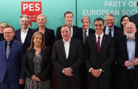 Pictured front row, second from left, S&D President Iratxe Garcia and to her left, PES President Stefan Löfven, at a PES event