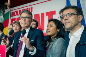 Pictured from left to right: Olivier Faure, leader of the PES member party Parti Socialist (PS France), Corinne Narassiguin, former socialist senator and now an MP from PS France, and Christophe Clergeau, MEP from PS France and a member of the PES Presidency