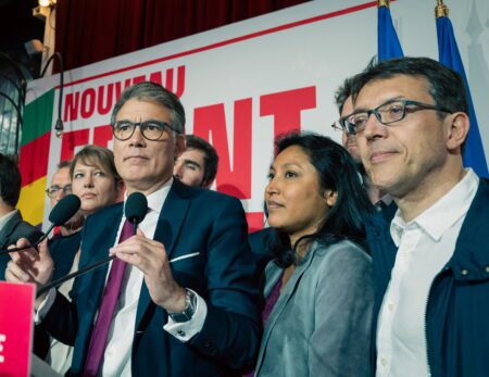 Pictured from left to right: Olivier Faure, leader of the PES member party Parti Socialist (PS France), Corinne Narassiguin, former socialist senator and now an MP from PS France, and Christophe Clergeau, MEP from PS France and a member of the PES Presidency