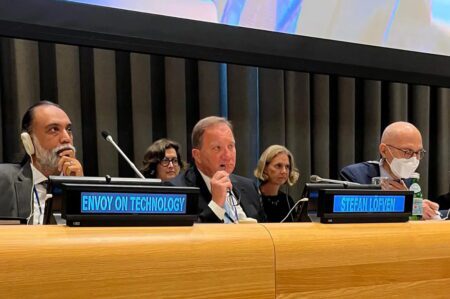 PES President, Stefan Löfven (middle) during a session of the High-level Advisory Board on Effective Multilateralism at the UN.