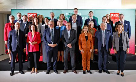 Pictured front row from left: PES Secretary General Giacomo Filibeck, Executive Vice-President-designate for People, Skills and Preparedness Roxana Mînzatu, PES Common Candidate and European Commissioner Nicolas Schmit, PES President Stefan Löfven, S&D Group President and PES First Vice President Iratxe García, High Representative of the Union for Foreign Affairs and Security Policy/Vice-President of the European Commission Josep Borrell, Executive Vice-President-designate for a Clean, Just and Competitive Transition Teresa Ribera. Pictured second row from left: European Commissioner Ylva Johansson, European Commissioner-designate for Energy and Housing Dan Jørgensen, PES Executive Vice President Katarina Barley, PD Italy leader Elly Schlein, SAP Sweden leader Magdalena Andersson, PS Belgium leader Paul Magnette, European Commissioner Elisa Ferreira, European Commissioner-designate for Intergenerational Fairness, Youth, Culture and Sport Glenn Micallef, European Commission Vice-President Maroš Šefčovič. Pictured back row from left: PES Deputy Secretary General Thomas Vaupel, PES Deputy Secretary General Yonnec Polet, PES Vice President Radmila Šekerinska, Lewica Poland co-leader Robert Biedroń, PES Vice President Tanja Fajon, SDP Finland leader Antti Lindtman, PES Vice President Victor Negrescu, PES Deputy Secretary General Saar van Bueren.