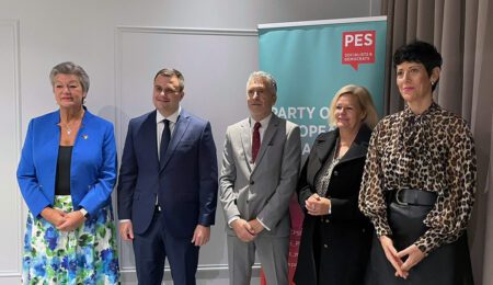 Pictured from left: European Commissioner Ylva Johansson, Minister Byron Camilleri, Minister Fernando Grande-Marlaska, Minister Nancy Faeser and Minister Elma Saiz Delgado.