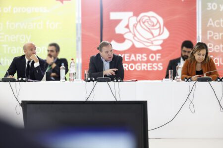 File photo: PES President Stefan Löfven (centre), PES Secretary General Giacomo Filibeck (left) and S&D Group President Iratxe Garcia (right) at a PES European Council preparation meeting in Brussels, Belgium, last month.