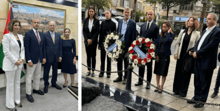 LEFT: Members of the PES delegation to the Middle East (from left to right) Hana Jalloul Muro MEP, PES Secretary General Giacomo Filibeck, and Evin Incir MEP at the meeting with the Prime Minister of the State of Palestine, Mohammad Mustafa (second from the right). RIGHT: The PES delegation lays flowers at the monument of the assassinated Israeli prime minister Yitzhak Rabin together with the leader of the Democrats Yair Golan (third from the left), and Democrat members of the Knesset.