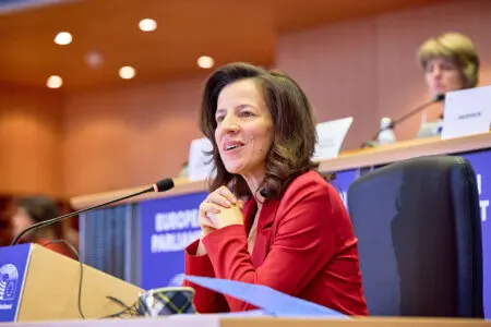 Roxana Mînzatu, Executive Vice-President-designate of the European Commission for People, Skills and Preparedness, speaks at the hearing in the European Parliament. (C) European Union, 2024. Source: EC - Audiovisual Service.