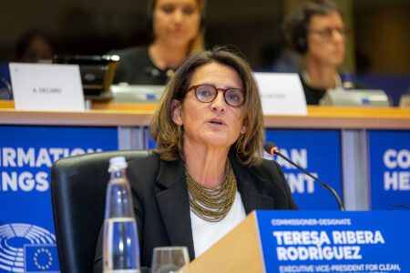 Executive Vice-President-designate of the European Commission for a Clean, Just and Competitive Transition, Teresa Ribera, speaks at the hearing in the European Parliament. (C) European Union, 2024. Source: EC - Audiovisual Service.